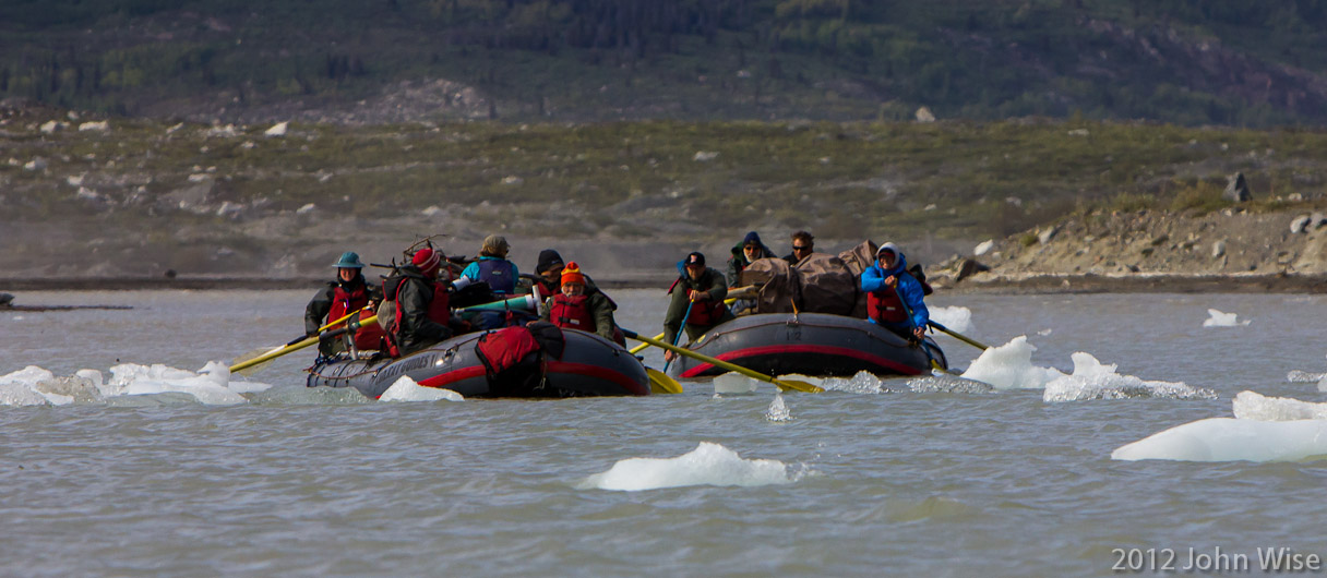 Two of our rafts threading the icebergs on their way into Lowell Lake. Kluane National Park Yukon, Canada