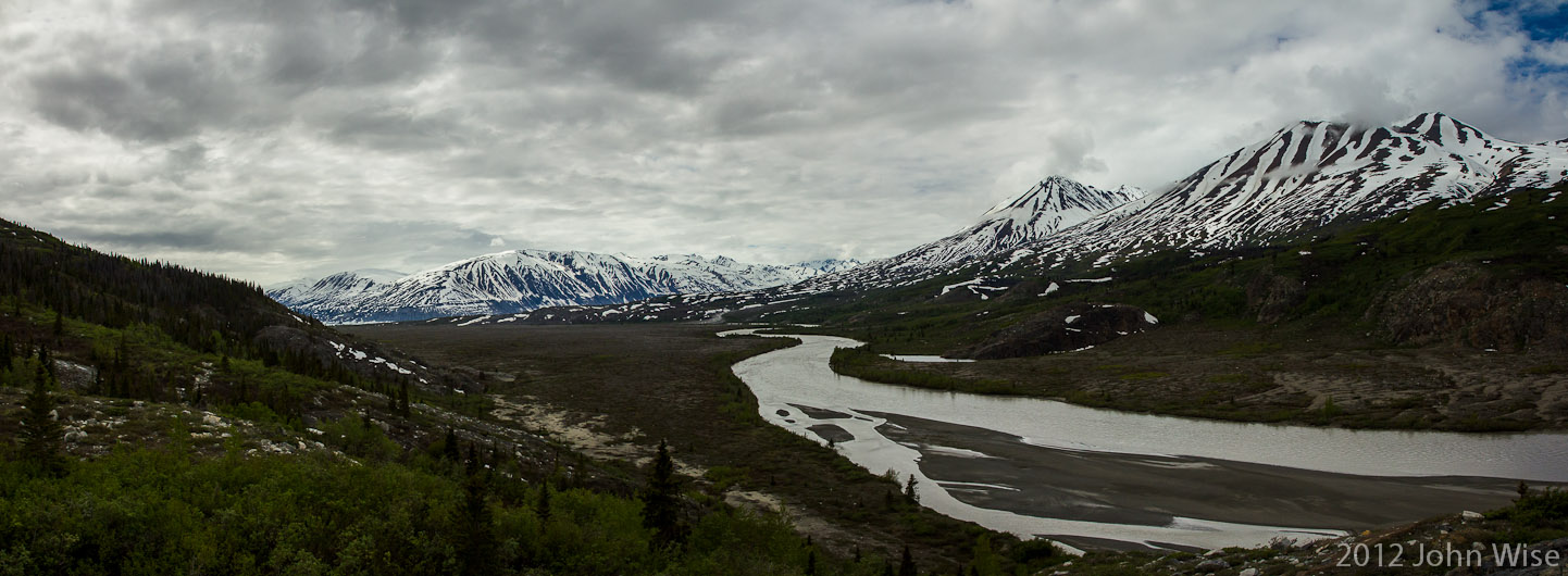 Looking west form an overlook of the Alsek with Lowell Glacier in the distance