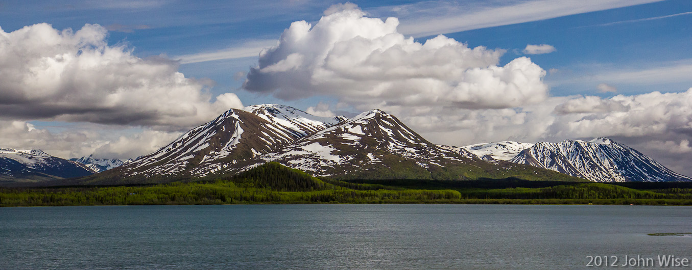 Roadside mountain and lake view off Highway 3 in the Yukon Territory of Canada