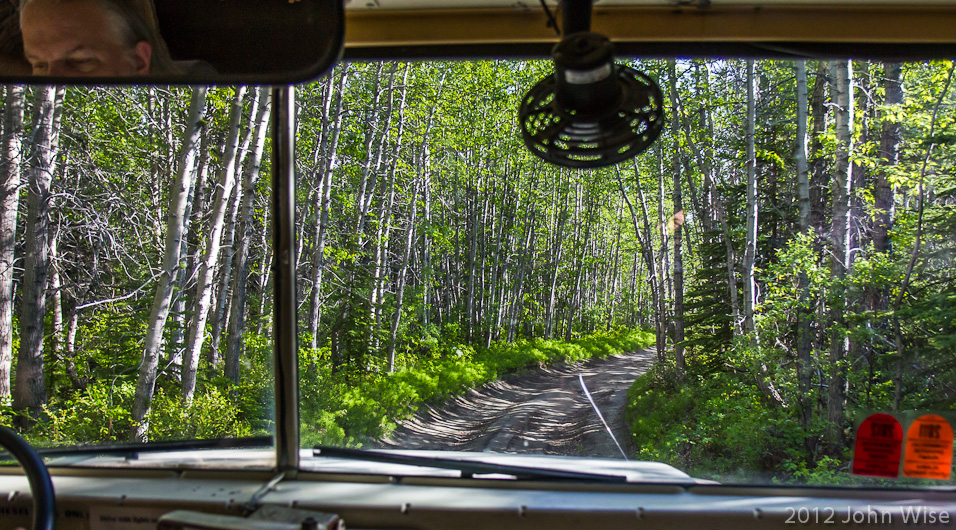 Off-roading in a school bus requires a full 90 minutes to travel but 5 miles on this poorly maintained road to the Alsek River