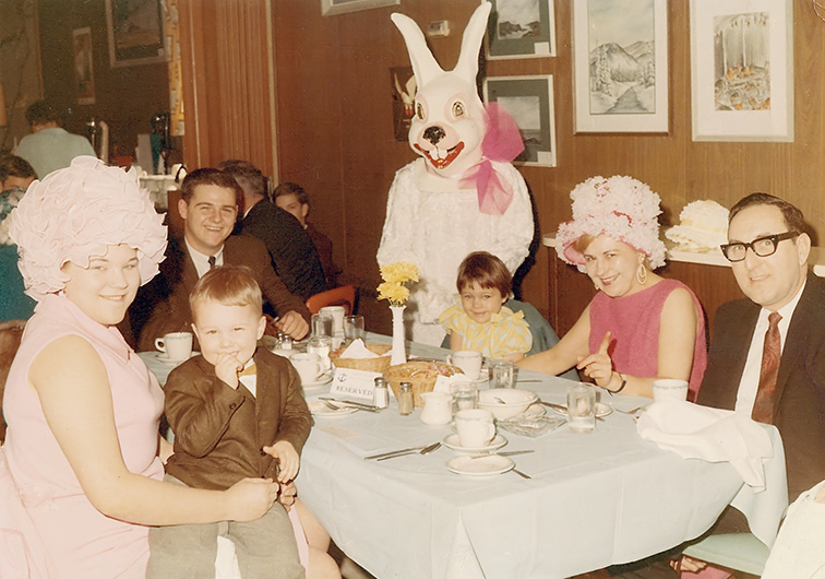 Karen Kurchoff, John Wise, John Jr., anonymous Easter Bunny, Shari Lea Wise, Hazel Kurchoff, and Herbert Kurchoff on Easter Sunday at Jafco Marina & Restaurant, Buffalo, New York - April 10, 1966